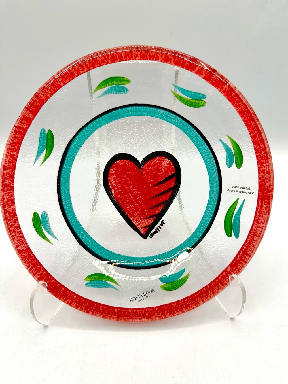 Kosta Boda Heart Art Glass. Ulrica Hydman-Vallien Plate. Signed & Labeled